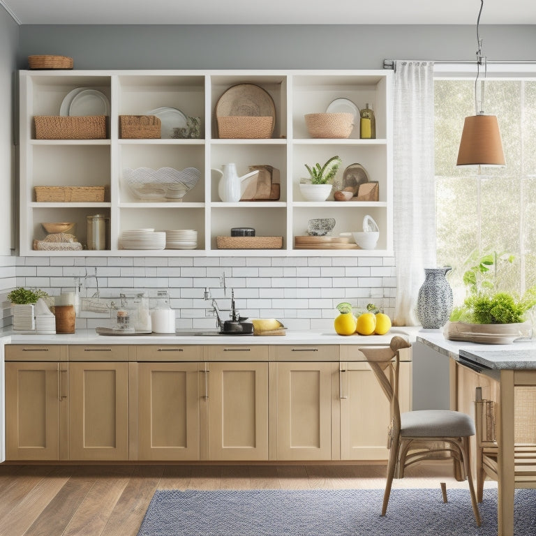 A bright, modern kitchen with sleek countertops, featuring a mix of open shelving, pull-out drawers, and cabinet organizers, showcasing a variety of stylish storage solutions in warm, natural tones.