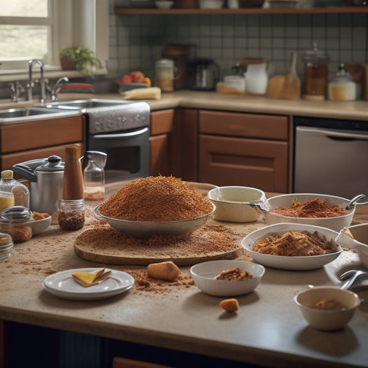 A messy kitchen countertop with overflowing utensil holders, scattered recipe books, and a toaster with crumbs and stains, surrounded by dirty dishes and a trash can overflowing with food waste.