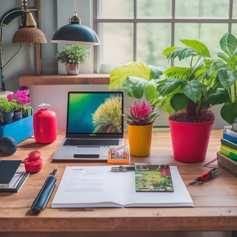 A colorful and organized desk with a laptop, a few neatly labeled folders, a set of markers, and a sheet of printed labels, surrounded by a few decorative plants and a minimalist background.