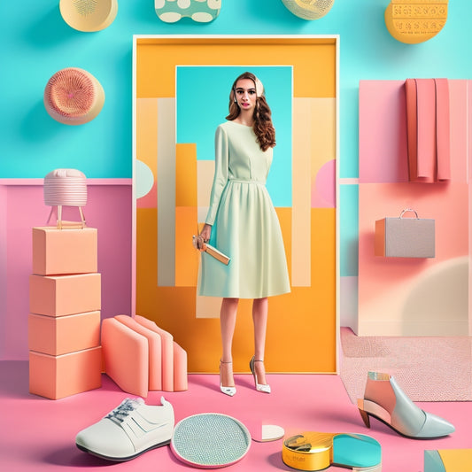 A stylized, minimalist illustration featuring a fashionable woman surrounded by trendy clothing items, shoes, and beauty products, set against a pastel-colored background with subtle geometric patterns.