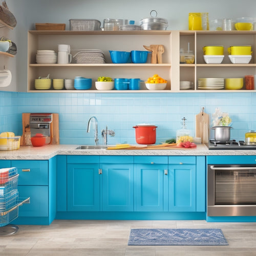 A bright, modern kitchen with sleek countertops, featuring a variety of utensil storage containers and bins in different shapes, sizes, and materials, neatly organized and overflowing with kitchen tools.