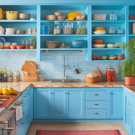 A bright, modern kitchen with organized cabinets featuring tiered spice racks, pull-out drawers filled with utensils, and clear containers for dry goods. Soft lighting highlights the neat arrangement and vibrant colors of kitchenware.