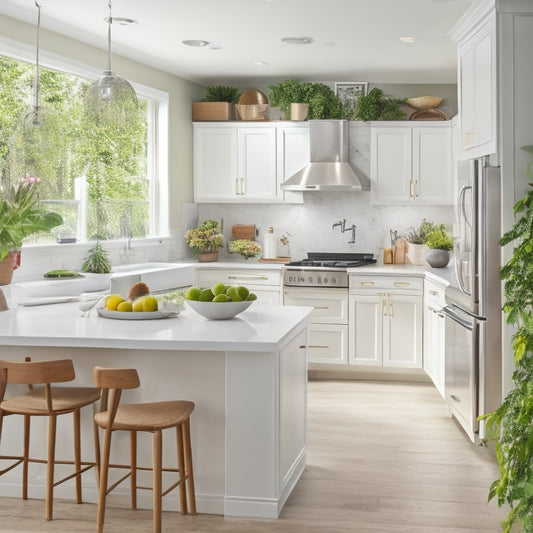 A bright, modern kitchen with sleek white cabinets, stainless steel appliances, and a large island in the center, surrounded by lush greenery and a few strategically placed cookbooks.