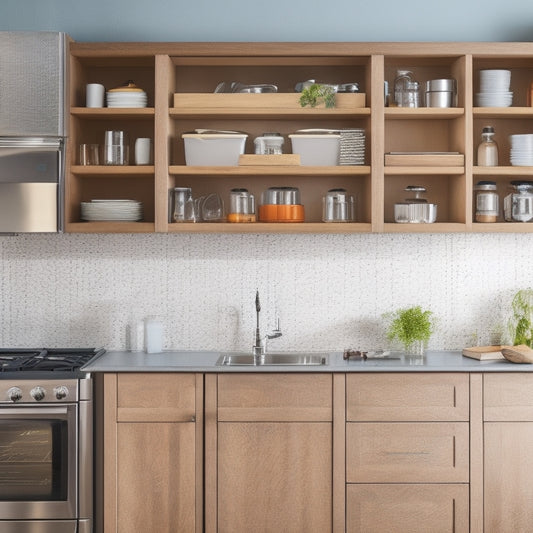 A clutter-free kitchen counter with a sleek, stainless steel appliance garage, a compact spice rack mounted on the wall, and a wooden utensil organizer attached to the side of a cabinet.