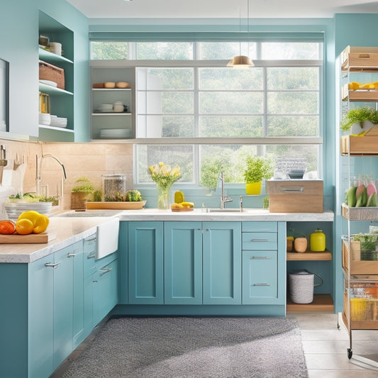 A stylish open-concept kitchen featuring sleek under-sink storage drawers, colorful organized bins, a pull-out trash system, and hanging racks for utensils, all set against a modern, bright, airy backdrop with natural light.