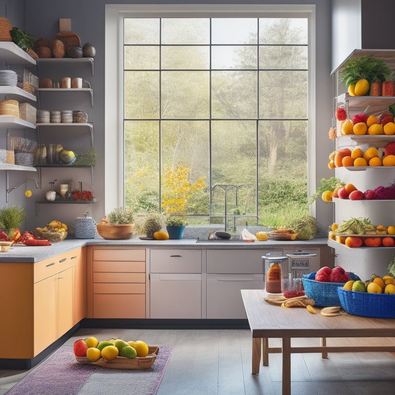 A modern kitchen featuring sleek, multi-tiered racks filled with colorful spices, neatly arranged plates, and vibrant fruits, all set against a bright, airy backdrop with natural light streaming in through a window.