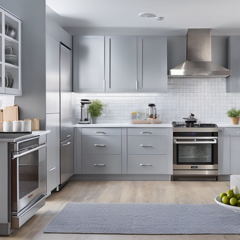 A modern kitchen with sleek countertops and stainless steel appliances, featuring CAMBRO storage solutions: a wall-mounted shelving unit, a cart with drawers, and a utensil organizer on the counter.