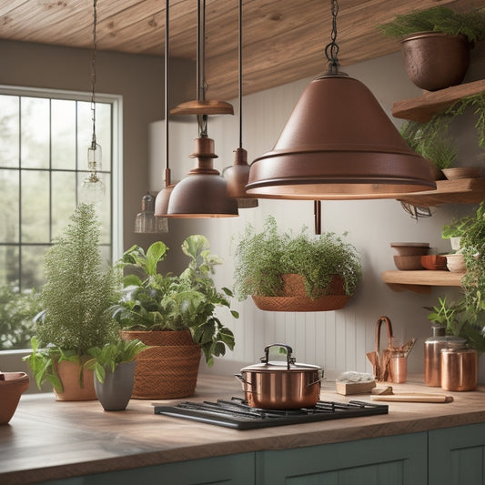 A rustic wooden ceiling pot rack adorned with copper pots, suspended above a modern kitchen island, surrounded by lush greenery and soft pendant lights casting warm shadows, creating an inviting culinary atmosphere.