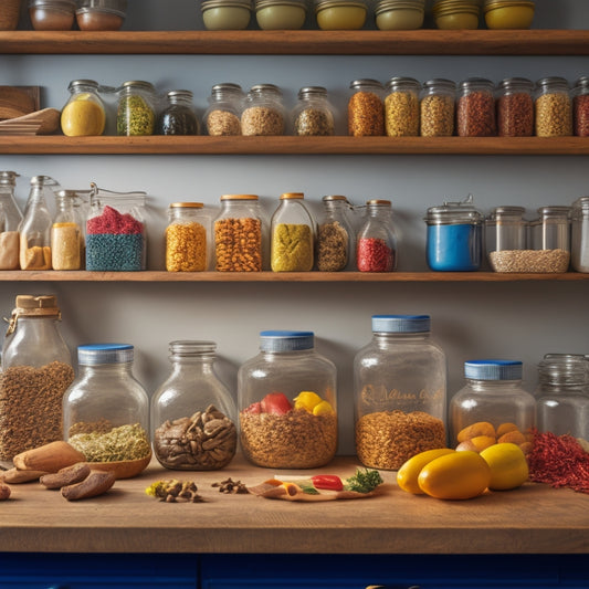 A tidy kitchen counter with a few neatly arranged jars, baskets, and containers, each adorned with colorful, laminated labels featuring illustrations of food items, against a warm, natural wood background.