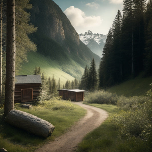 A serene mountain landscape with a winding dirt path leading to a rustic cabin, surrounded by lush greenery, with a subtle hint of a storage room in the background, filled with stacked food containers.