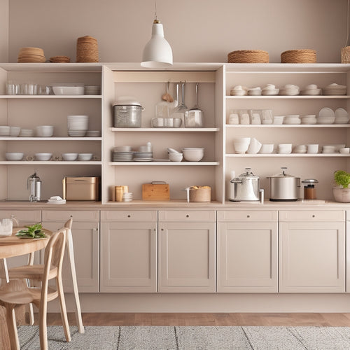 A stylized kitchen with cabinets in a light, airy color, featuring pull-out shelves, spice racks, and baskets, with utensils and cookware organized and visible, set against a clean, minimalist background.