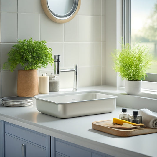 A beautifully organized corner sink featuring a stylish sink caddy with compartments for sponges, brushes, and soap, surrounded by gleaming stainless steel fixtures and natural light streaming through a nearby window.