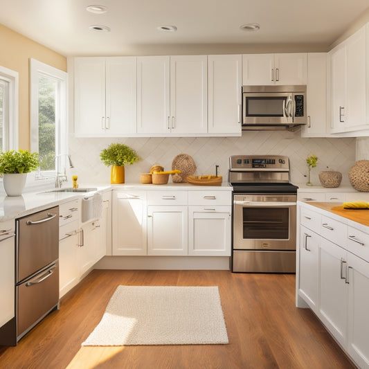 A bright, modern galley kitchen with sleek, white cabinets, stainless steel appliances, and a large, L-shaped countertop with a sink and stove, surrounded by warm, honey-colored hardwood flooring.