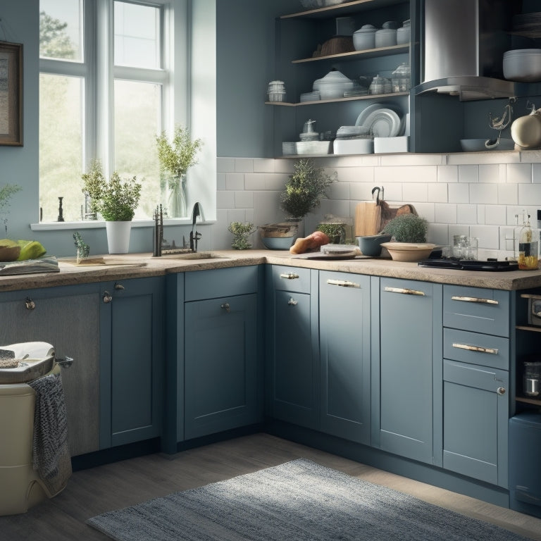 A neatly organized kitchen with three trash cans of varying sizes and styles, placed under a sleek island, beside a cabinet, and in a corner, surrounded by utensils and appliances.