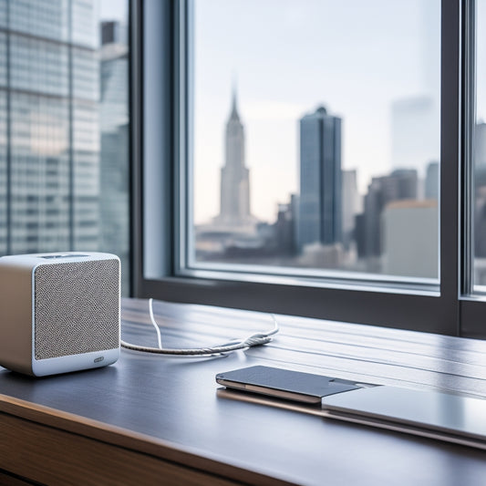 A sleek, silver LaCie Ethernet Disk device sits atop a modern, minimalist desk, surrounded by tidy cables and a few scattered tech gadgets, with a subtle, blurred cityscape in the background.