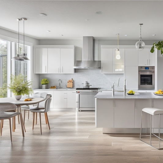 A modern, bright kitchen with sleek white cabinets, gray countertops, and stainless steel appliances, surrounded by floor-to-ceiling windows, with a large island and stools in the center.