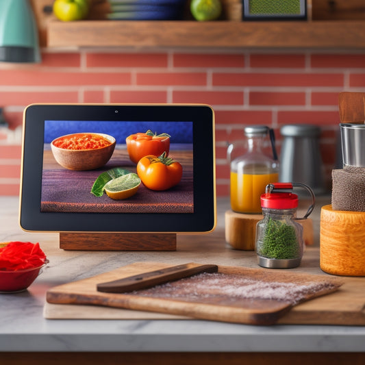 A warm and inviting kitchen background with a tablet propped against a wooden utensil holder, displaying a vibrant digital recipe book with colorful icons and categorization tabs.