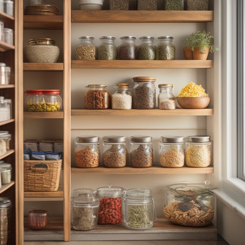 A beautifully organized corner cabinet featuring labeled glass jars, tiered spice racks, and colorful fabric bins, surrounded by potted herbs and decorative dishware, all bathed in warm, natural light.