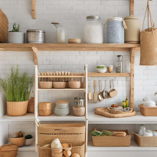 A clutter-free kitchen with a mix of open shelving, stacked ceramic jars, woven baskets, and a pegboard with hanging utensils, set against a calming white and wood-grain background.