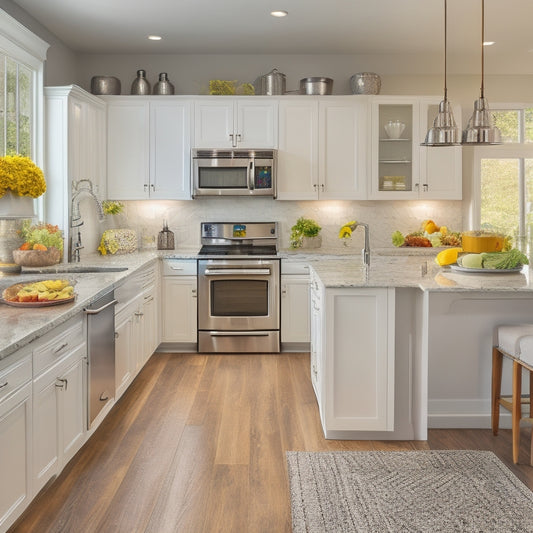 A bright, modern kitchen with sleek white cabinets, stainless steel appliances, and a large island in the center, featuring a utensil organizer, spice rack, and pull-out trash can.