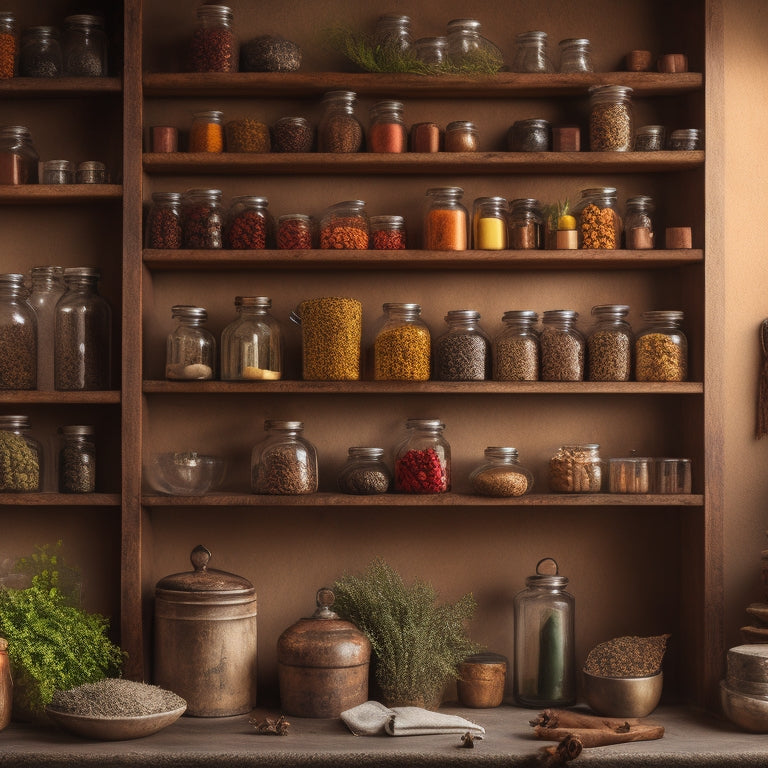 A rustic kitchen wall adorned with various glass spice jars, neatly arranged in wooden shelves. Vibrant spices in rich colors, complemented by hanging herbs in small pots, creating a warm and inviting culinary atmosphere.