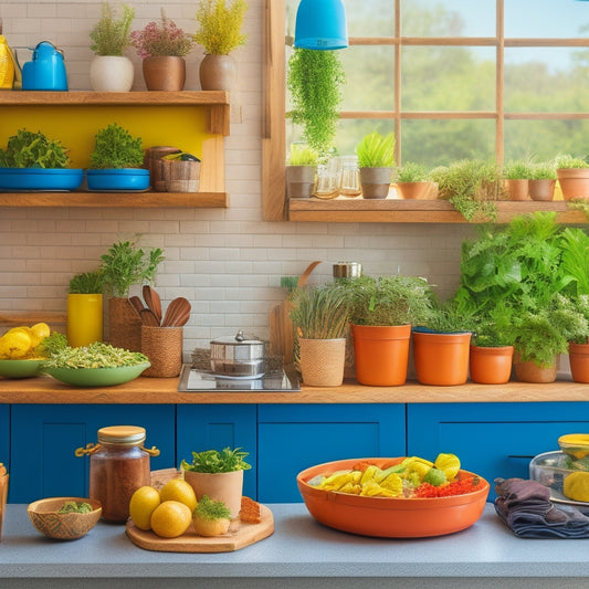 A vibrant kitchen countertop showcasing a sleek, multi-tiered compact organizer filled with colorful spices, utensils, and small potted herbs, surrounded by an inviting atmosphere of natural light and warm wooden accents.