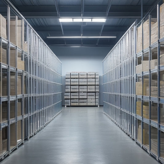 A sleek, modern warehouse with rows of custom 80/20 shelving units, each with precisely aligned bins, baskets, and hooks, showcasing optimal storage capacity and organization.