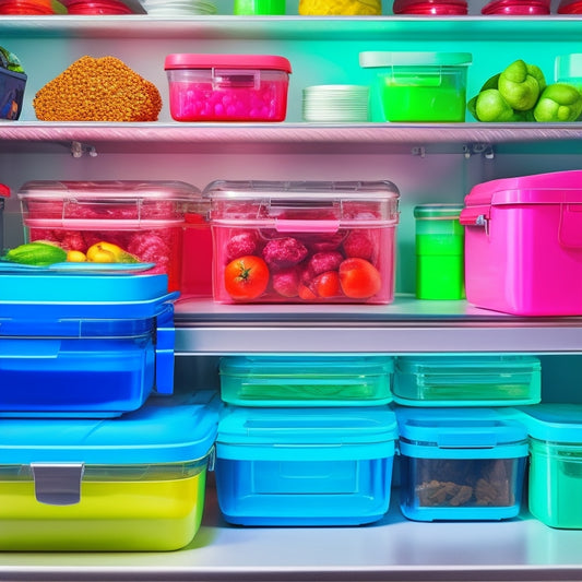 A colorful kitchen counter with a dozen food storage containers of various sizes, each with a strong magnet attached to the underside, holding them to a metal refrigerator door.