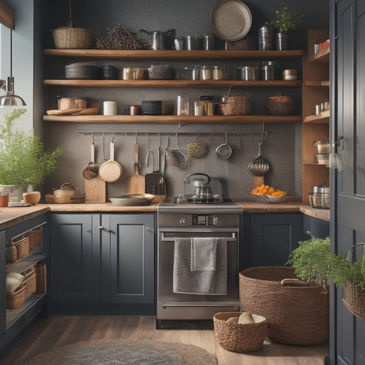 A cozy apartment kitchen featuring a stylish over-the-door storage rack filled with vibrant spices, sleek utensils, and neatly arranged pots, all set against a backdrop of warm wood cabinetry and soft ambient lighting.