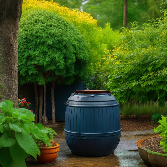 A serene backyard scene with a rain barrel positioned under a downspout, surrounded by lush greenery, with a few scattered raindrops and a subtle water overflow into a nearby birdbath.