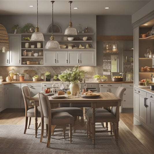A warm, inviting kitchen with a large island, featuring a mix of open shelving and closed cabinets, with a few stylish dinner plates and wine glasses on display, amidst a bustling dinner party scene.