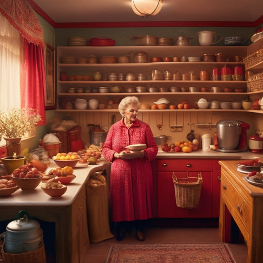 A warm, well-lit kitchen with a senior citizen (60s-70s) in the background, surrounded by organized shelves, baskets, and pull-out drawers, with a few utensils and cookbooks neatly arranged.