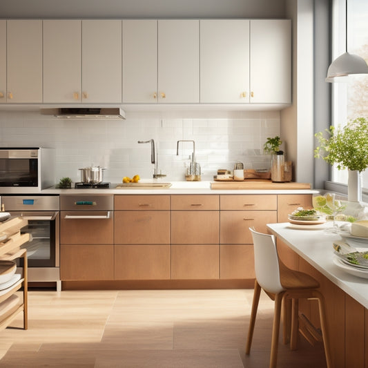 A compact kitchen with sleek, handle-less cabinets in a light wood tone, a stainless steel sink, and a miniature island with a built-in cooktop, set against a crisp white backdrop.