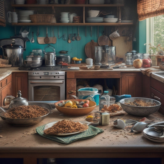 A cluttered kitchen counter with a messy mix of appliances, cookbooks, and utensils, with a few dirty dishes and crumbs scattered around, and a faint hint of chaos in the background.