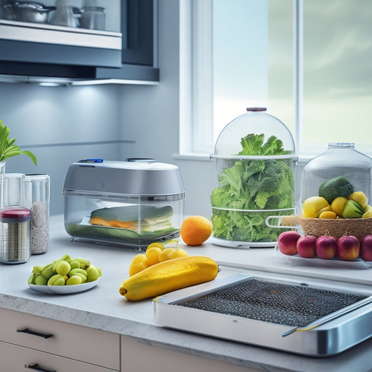 A futuristic kitchen counter with a sleek, silver vacuum sealer device, surrounded by a variety of fresh, vibrant fruits and vegetables, and transparent, airtight containers.