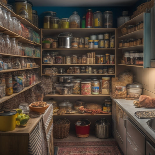 A cluttered kitchen pantry with overflowing shelves, expired cans, and tangled kitchen gadgets, surrounded by a faint aura of chaos and disorganization, with a faint light peeking through the mess.