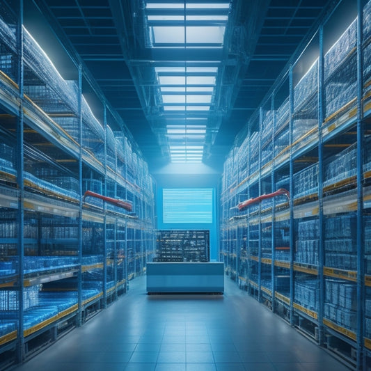 A futuristic warehouse with rows of shelves and robotic arms moving inventory, surrounded by holographic screens displaying charts and graphs, with a subtle Google Sheets logo in the top corner.