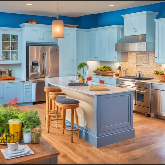 A bright, modern kitchen with stainless steel appliances, a large island, and a laptop open on the counter, displaying a webinar presentation on kitchen design and renovation.