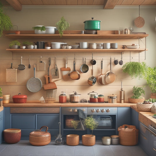 A kitchen scene with a mix of modern and rustic elements, featuring a pegboard with hanging pots, a rollout cabinet with stacked cookware, and a suspended pot rack above a marble island.