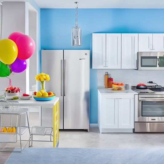 A bright and modern kitchen with sleek appliances, including a stainless steel refrigerator, range, and dishwasher, surrounded by subtle sale tags and colorful balloons, set against a clean white background.