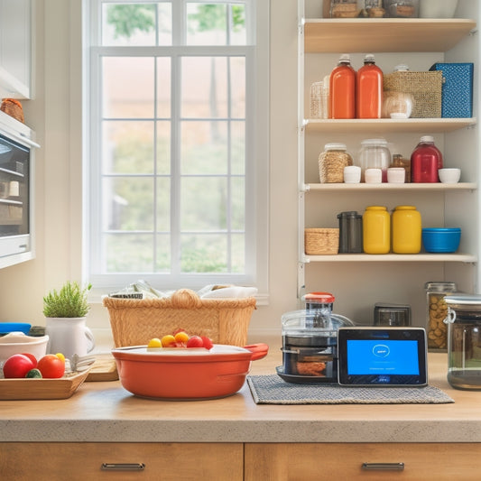 A modern kitchen with a tablet on the counter displaying a digital inventory management app, surrounded by organized shelves, baskets, and bins, with a few ingredients and cookbooks in the background.