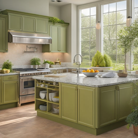 A clutter-free kitchen island with a built-in cooktop, surrounded by sleek, high-gloss cabinets, gleaming stainless steel appliances, and a lush green herb garden on the countertop, bathed in warm, golden light.