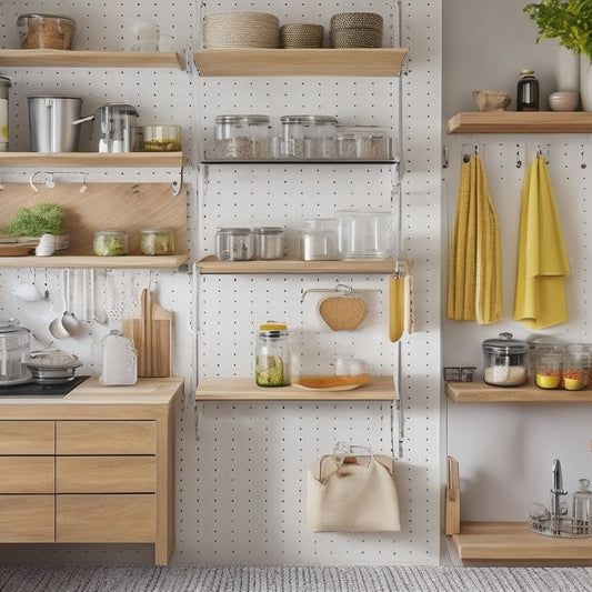 A tidy, modern kitchen with a small footprint, featuring a pegboard with hanging utensils, a wall-mounted spice rack, and a compact pull-out pantry with baskets and jars.