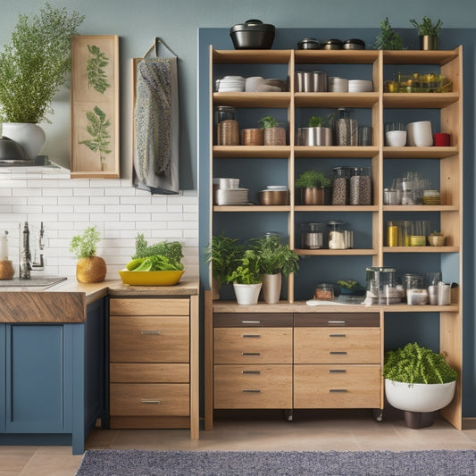 A modern kitchen with a sleek, multi-tiered countertop displaying various storage solutions: bamboo organizers, colorful canisters, a spice rack, and a hidden drawer system, all surrounded by fresh herbs and vibrant kitchenware.