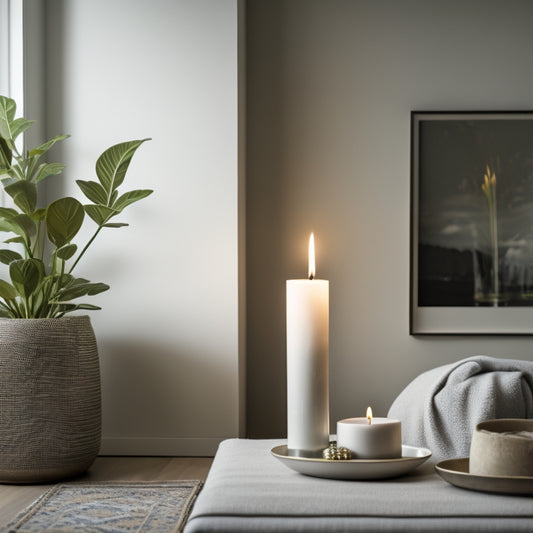 A serene, clutter-free living room with a few, carefully-placed objects, including a small potted plant, a single candle, and a minimalist art piece on a white wall.