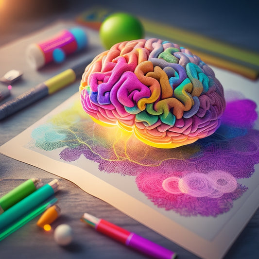 A whimsical illustration of a brain with glowing, swirling thoughts radiating from it, transforming into vibrant, interconnected circles, surrounded by scattered papers, pens, and colorful story notes.