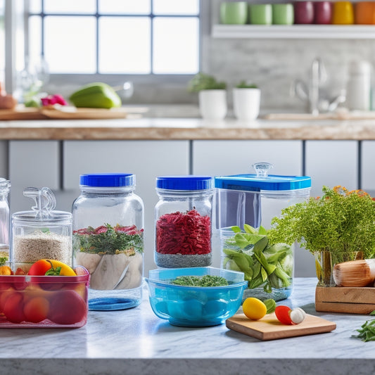 A bright kitchen scene featuring a set of clear stackable containers filled with colorful ingredients, neatly organized on a marble countertop, surrounded by fresh herbs, measuring spoons, and a wooden cutting board.