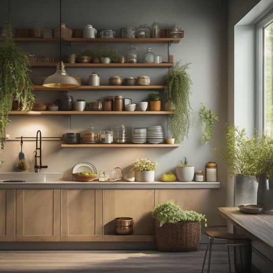 A cozy kitchen corner showcasing sleek, modular shelving with labeled jars, vertical knife storage, and hanging pots. Soft lighting highlights a compact dining nook with multi-functional stools, maximizing every inch of limited space.
