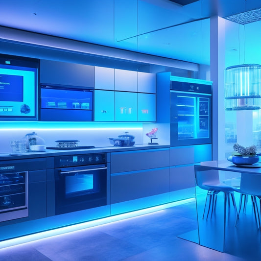 A futuristic kitchen with sleek, minimalist cabinets and countertops, surrounded by holographic screens displaying 3D design models, augmented reality goggles, and a tablet with a kitchen layout blueprint.