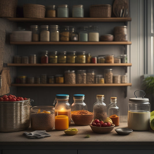 A tidy kitchen counter with a wooden or metal shelving unit, holding multiple stacked canned goods, with a few open jars and utensils in the background, surrounded by a subtle warm glow.